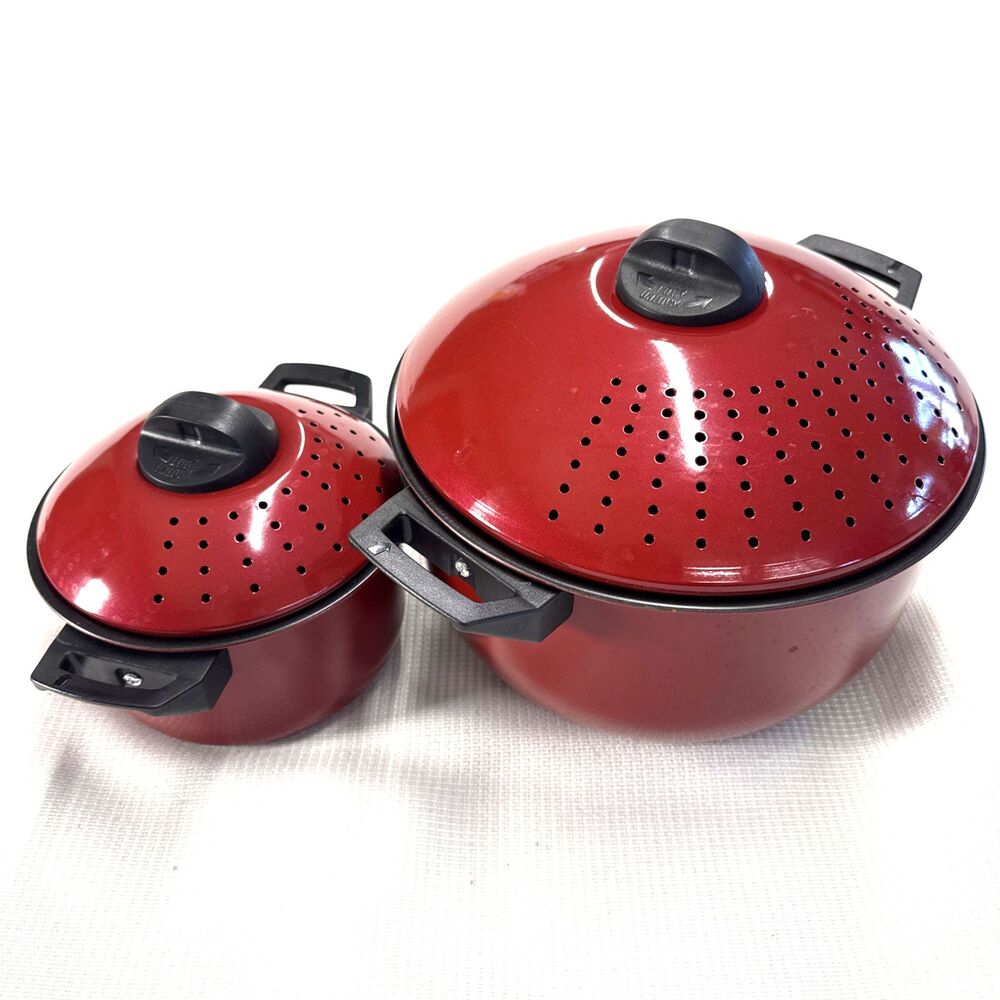 Set of Nesting Perfect Pasta Maker - Red Pasta Pots with Strainer Lids
